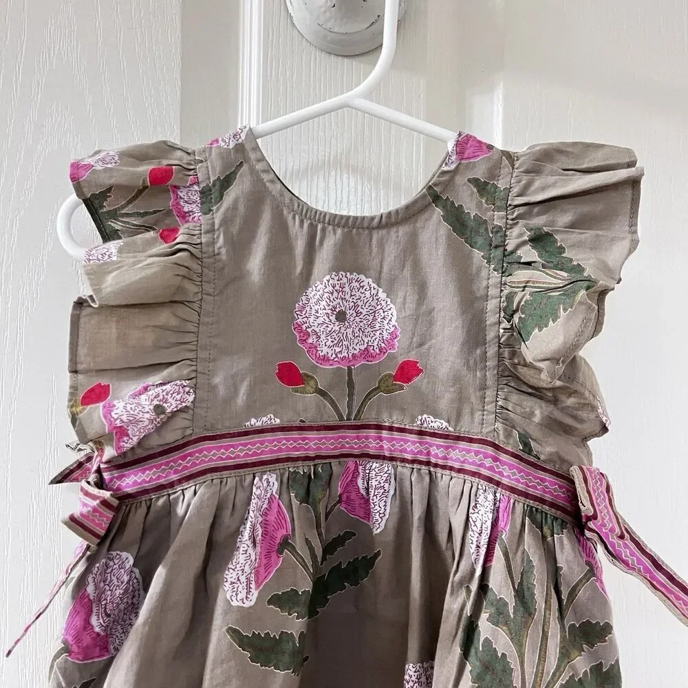 Pink Chicken Olive Green Floral Romper Side Bows Cotton Girls Size 6-12 Months